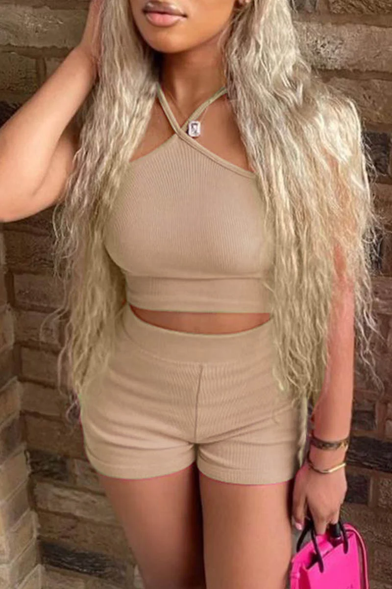 Khaki Sexy Casual Solid Backless Spaghetti Strap Sleeveless Two Pieces