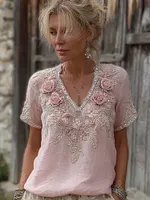 Vintage Boho Pink Roses Embroidered V Neck Linen Tunic