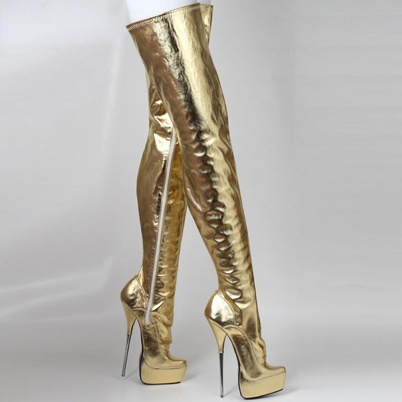 TAAFO Gold Matt Ballet Boots Long Over The Knee Ballet Toes 18cm Metal High Heel Crotch Thigh High Boot Performance Shoes Height Increasing Shoes