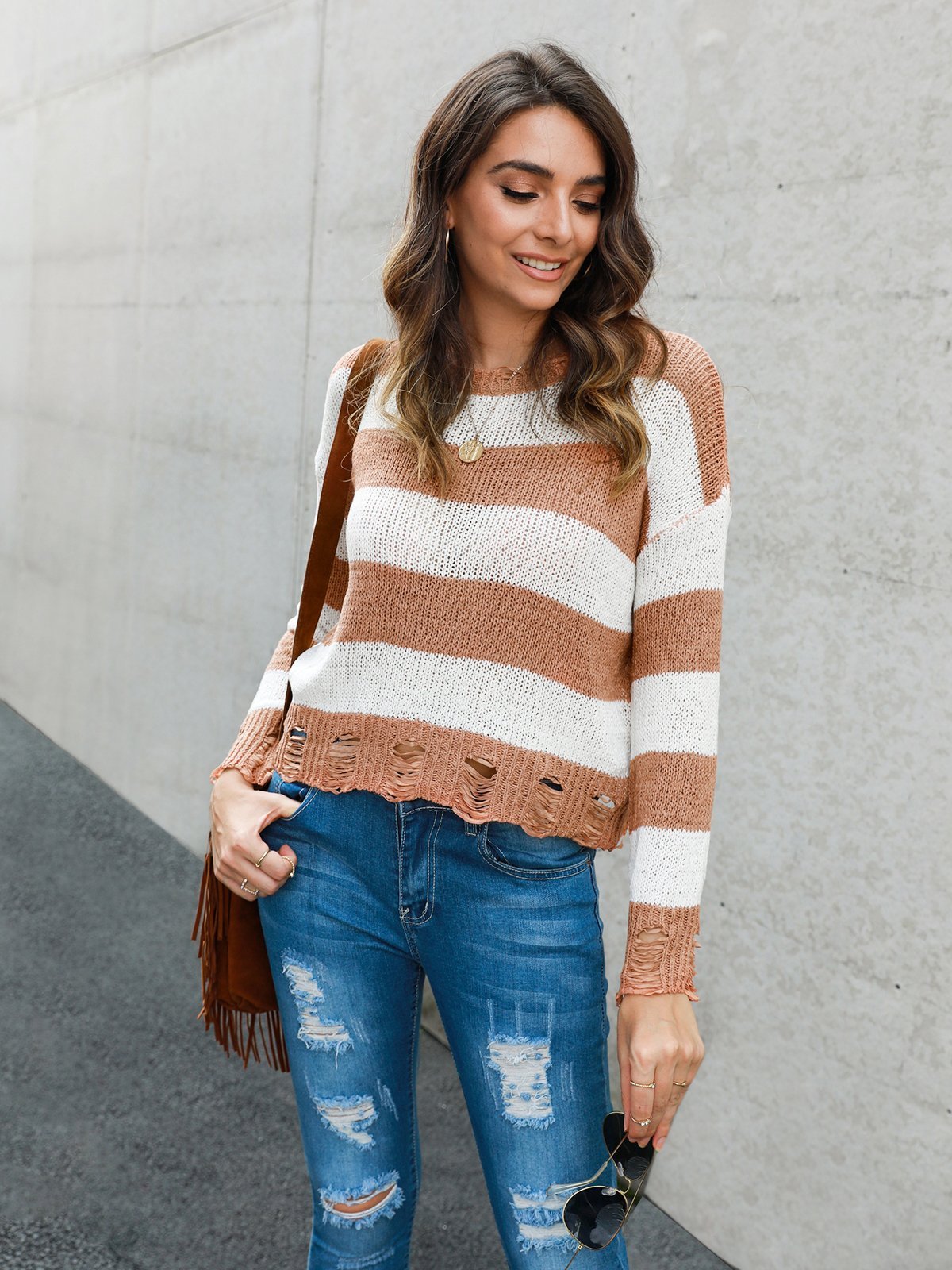 Long Sleeve Stripes Knitted Shirts & Tops