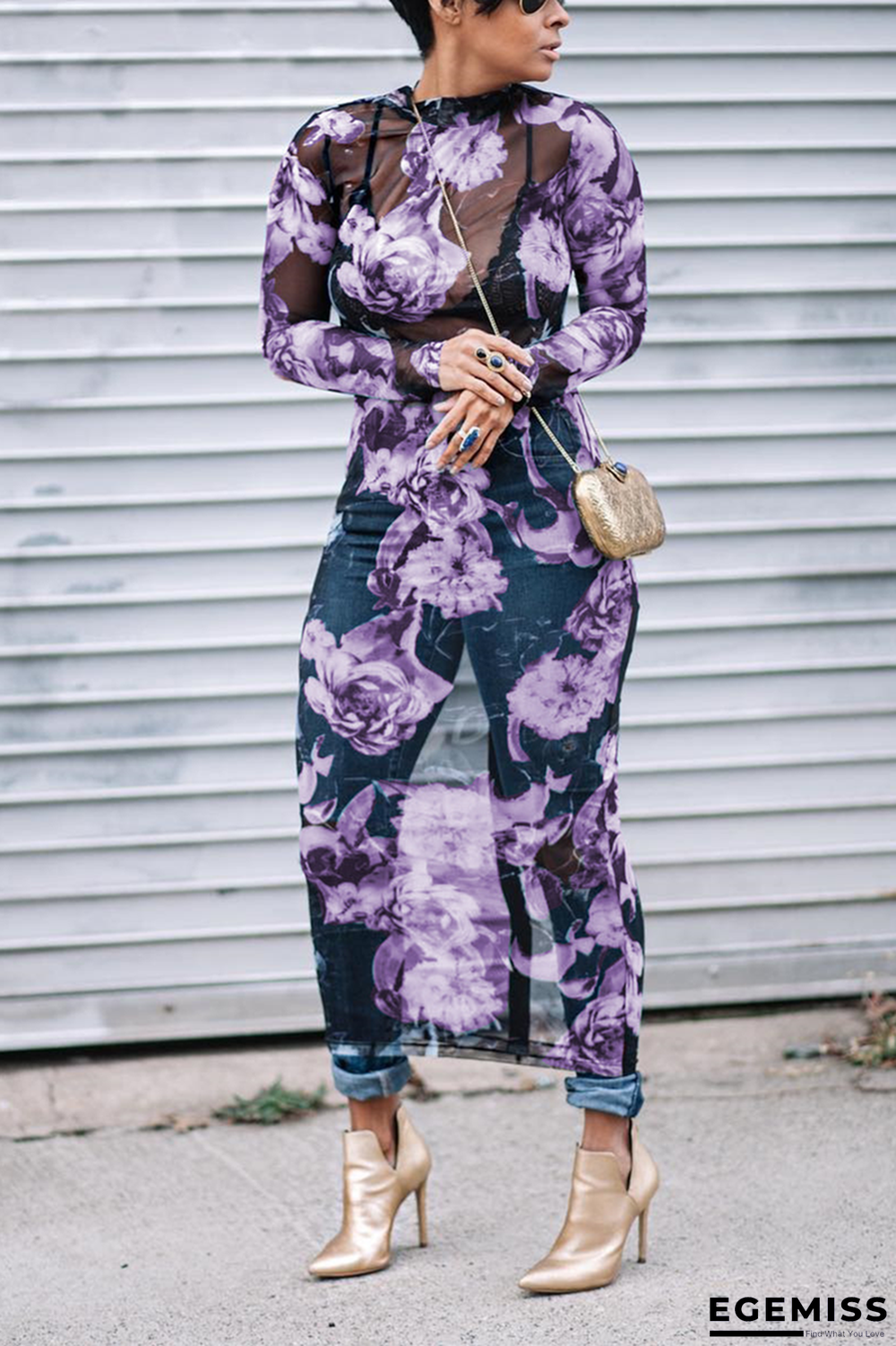 Purple Fashion Sexy Print Sheer Dress | EGEMISS