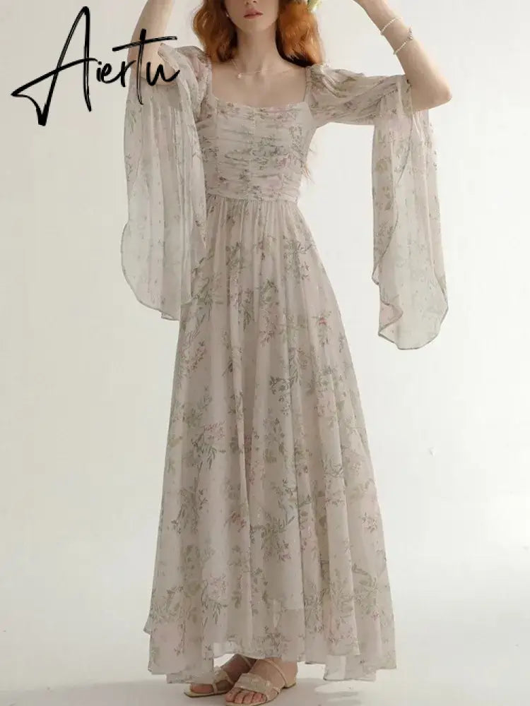 Aiertu French Vintage Floral Midi Dress 2024 Summer New Elegant Casual Beach Evening Party One Piece Dresses Woman Korean Clothes Aiertu