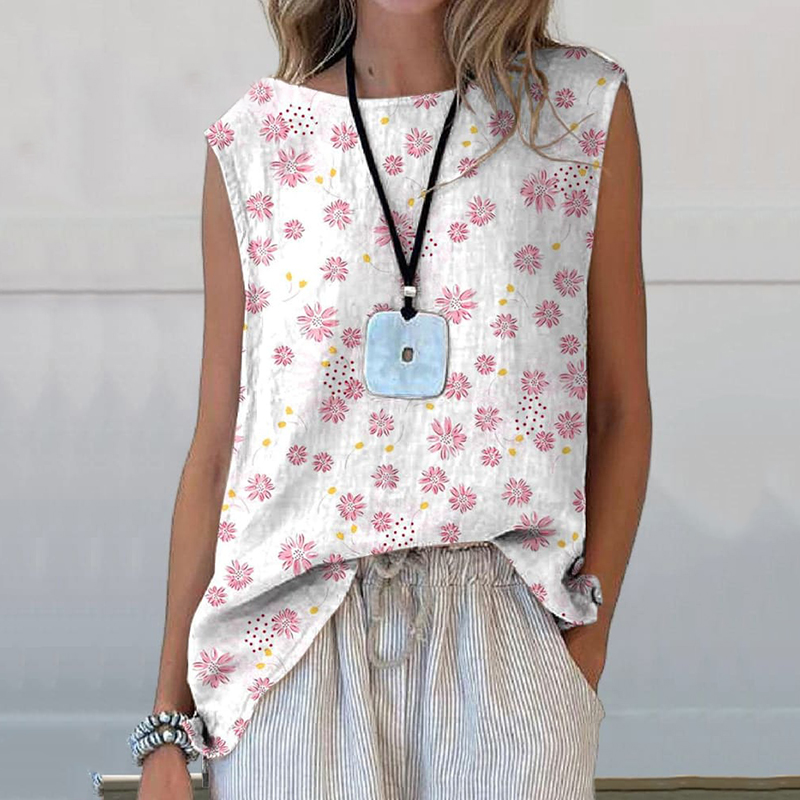 Comstylish Daisy Floral Pattern Printed Casual Cotton And Linen Tank Top