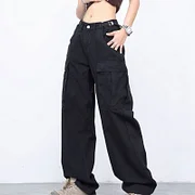 Fitvitalsupplement American Style Loose Straight Overalls Women Y2K Street Hip-Hop High Waist Mopping Pants Couple Casual Big Pocket Straight Pants