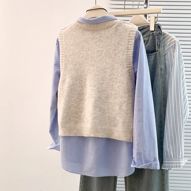 Athvotar Athvotar New Vest Sweet And Cute Cartoon College Style Knitted Winter Round Sweater Collar Sweater Bottom Shoulder Vest