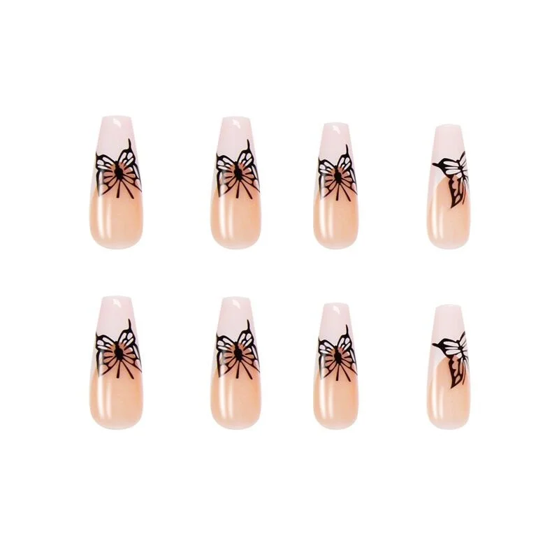 24pcs/Set French False Nails European Black Butterfly Pattern Press On Nails with Glue Beauty Ballerina Nail Makeup Art Tips-Nail Inspo