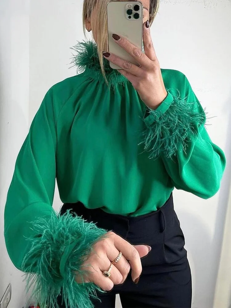 Jacuqeline 2022 Sexy V Neck Feather Satin Blouse Shirts Women Long Sleeve Button Elegant Lady Shirt Top Vintage Clothes Autumn