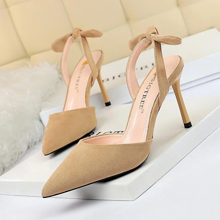 Fashion stiletto suede shallow mouth pointed toe hollow back strap small bow sandals
