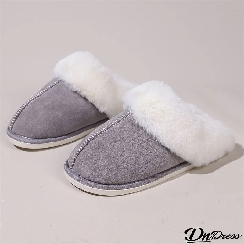 Snowy White Plush Liner Round Toe Home Slippers