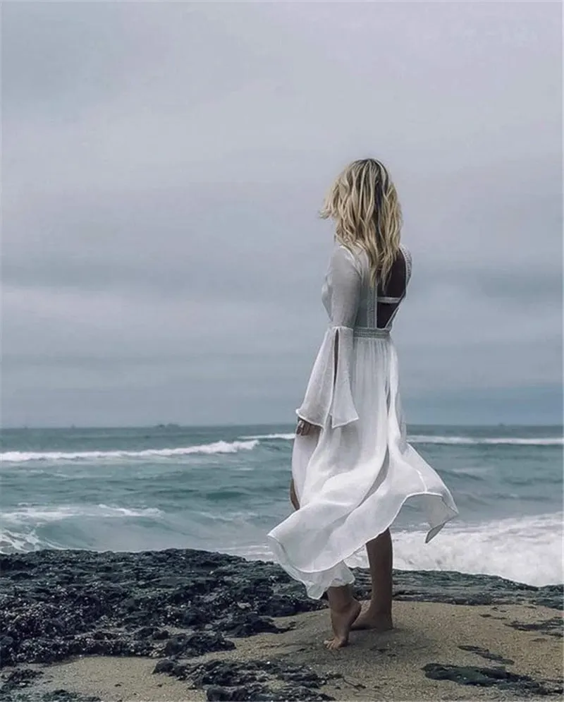 Fitshinling Backless v neck beach cover up swimwear lace splice split flare sleeve white long cardigan summer bikini outerwear
