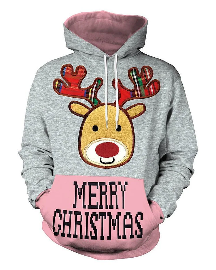Mayoulove Red Nosed Reindeer Rudolf Merry Christmas Print Hooded Pullover Hoodie-Mayoulove