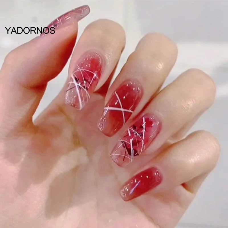 24pcs False Nails With Designs Red Nail Patch Glue Type Removable Long Paragraph Fashion Manicure Save Time False Nail Patch Ty