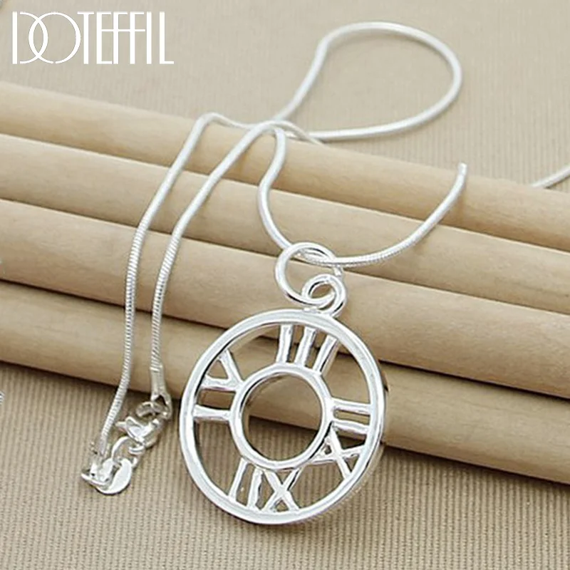 DOTEFFIL 925 Sterling Silver Roman Numerals Round Circle Pendant Necklace 18-30 Inch Snake Chain For Woman Man Jewelry
