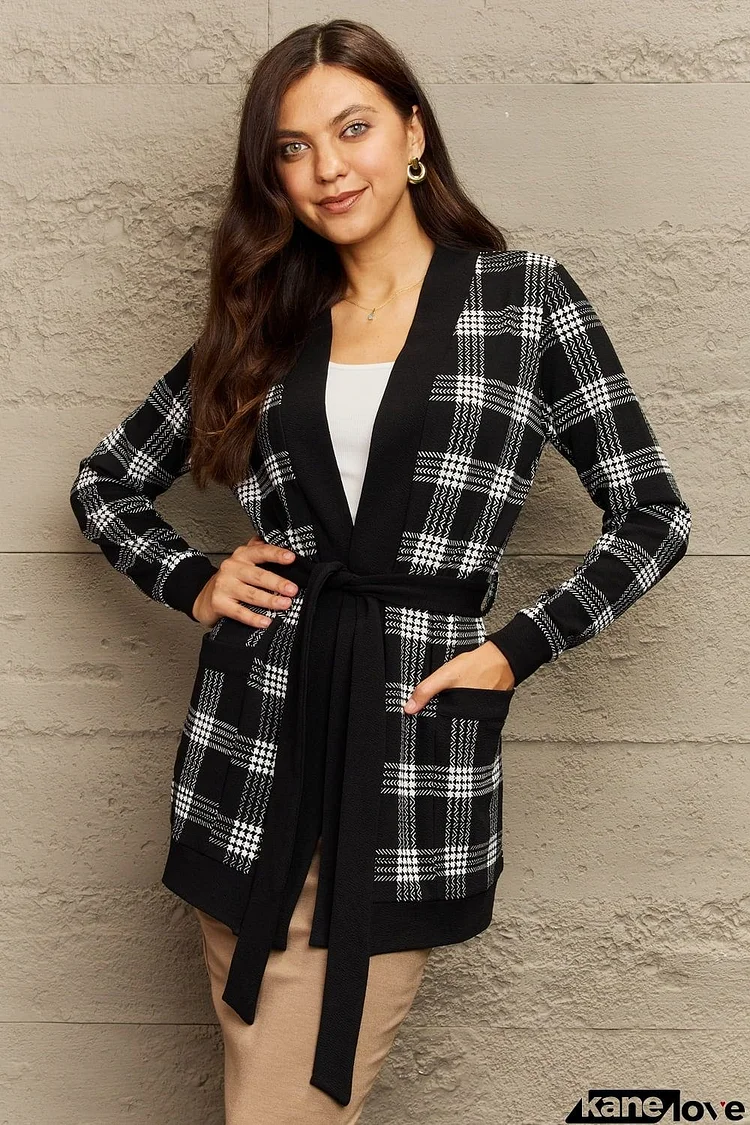 Ninexis Full Size Plaid Tie Waist Pocketed Cardigan