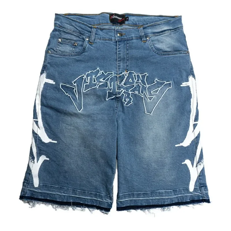 Aonga New Harajuku Letter Embroidery Black Jeans for Men Hip Hop Vintage Baggy Shorts for Men Casual Gym Denim Shorts Streetwear aonga