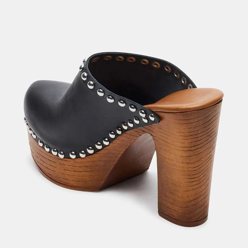 Black Closed Round Toe Chunky Heel Platform Mules with Studded