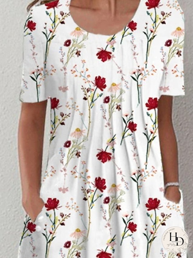 Casual Dress Mini Dress White Short Sleeve Floral Ruched Spring Summer Crew Neck Casual S M L XL XXL 3XL for Women