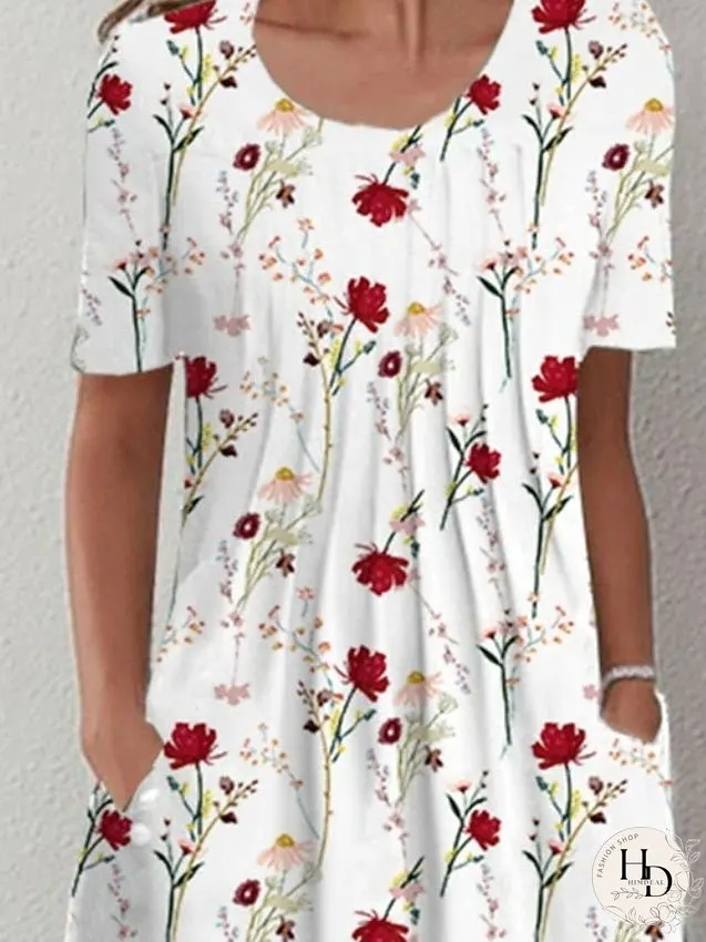 Casual Dress Mini Dress White Short Sleeve Floral Ruched Spring Summer Crew Neck Casual S M L XL XXL 3XL for Women