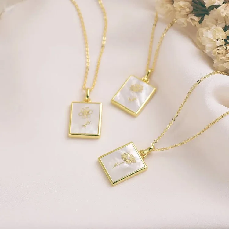Square Shell Carved Birth Flower Necklace