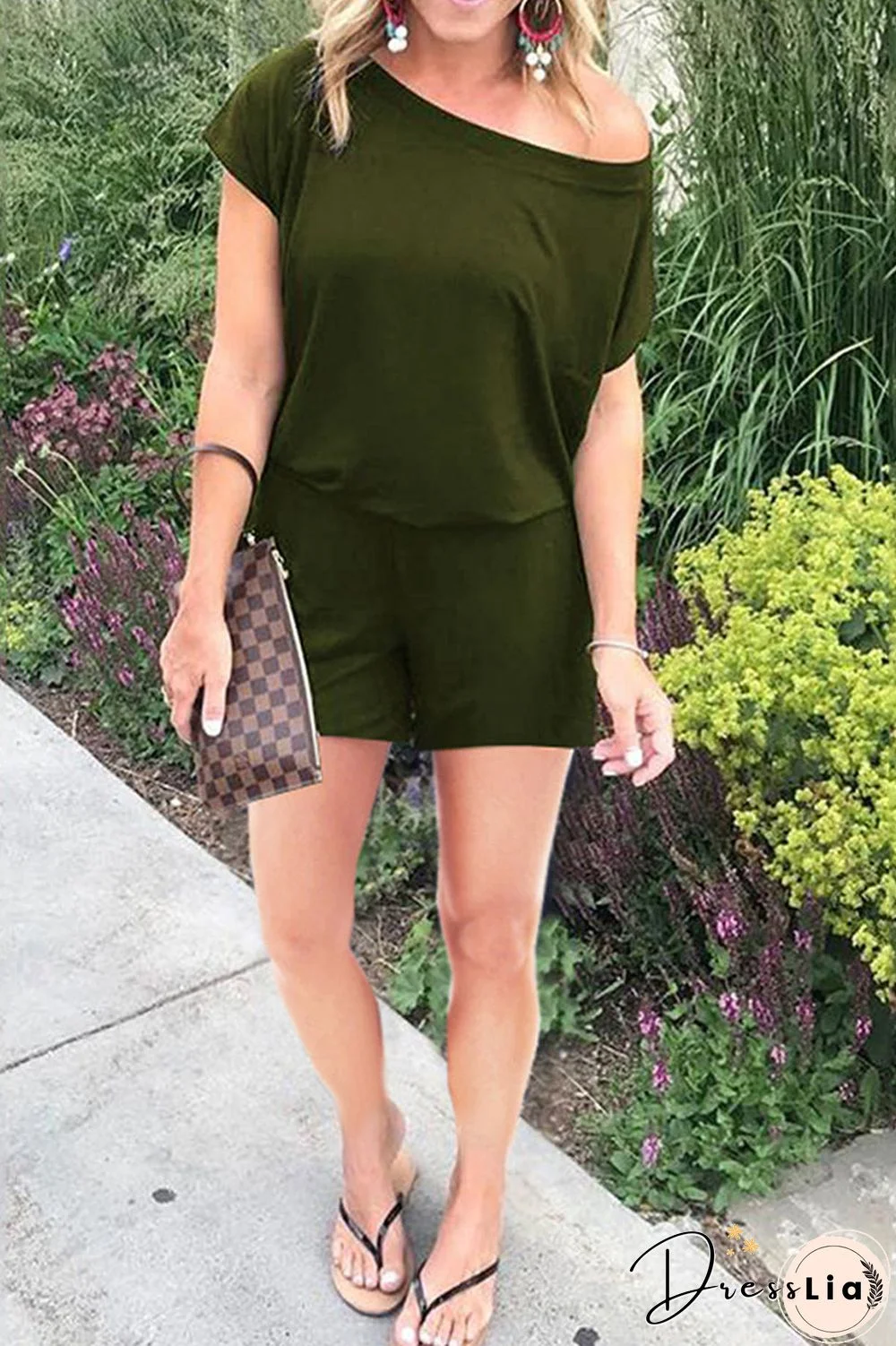 Skew Neck Solid Short Sleeve Romper