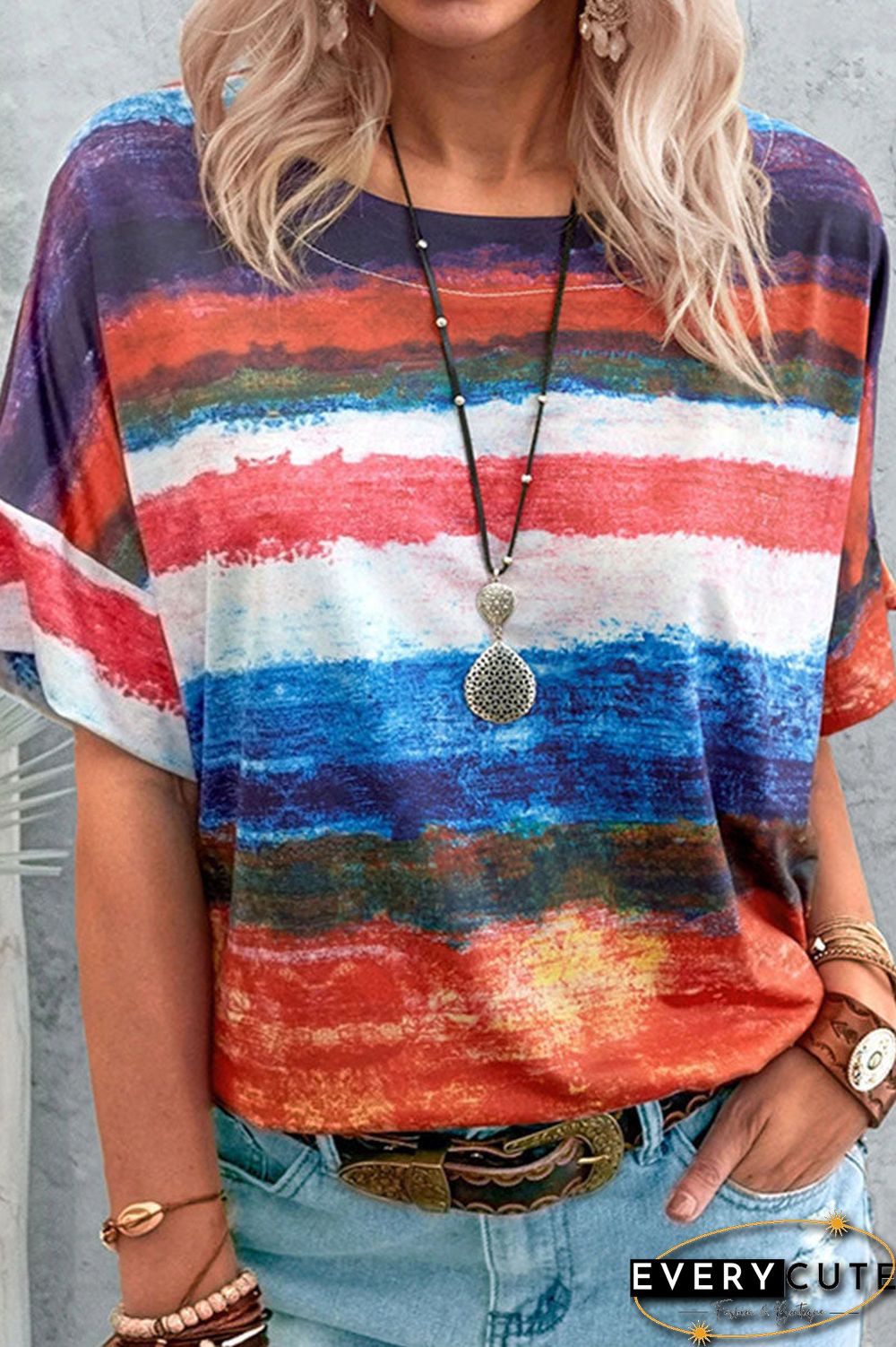 Fashion Gradual Change O Neck T-Shirts(7 Colors)