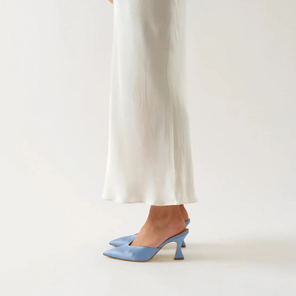 Fashion Blue Closed Pointed Toe Open Back Slip On High Heel Mules