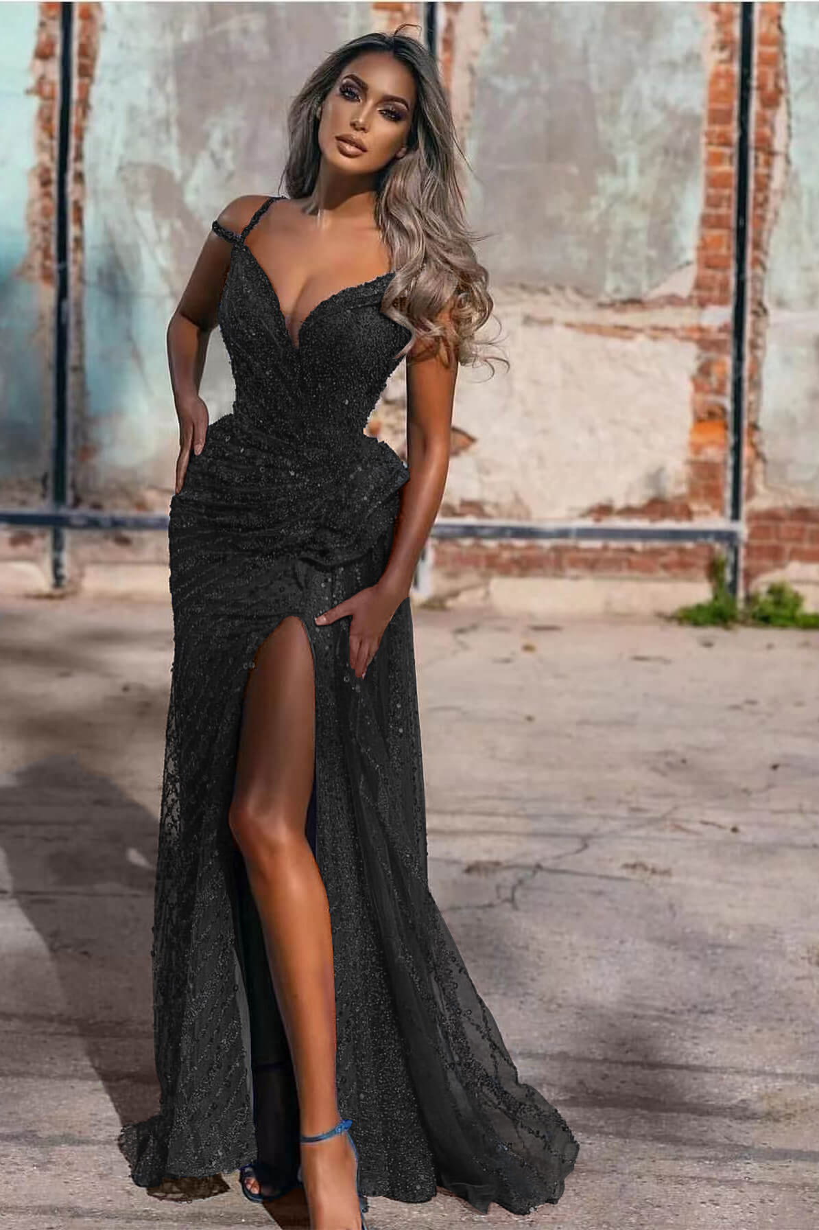 Lvs&Broner Off the Shoulder Evening Dress Front Split Mermaid With Sequins
