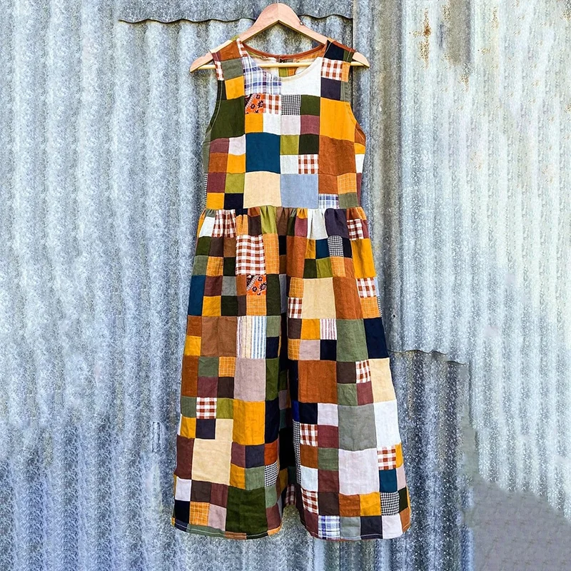 Women's Vintage Color Block Patchwork Cotton And Linen Dress