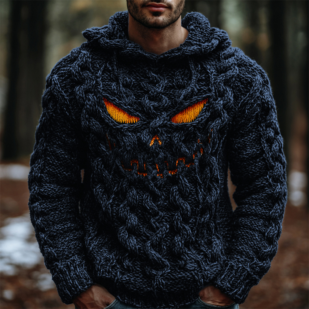 Halloween Evil Pumpkin Emoji Men's Chunky Knit Hooded Sweater  artssus