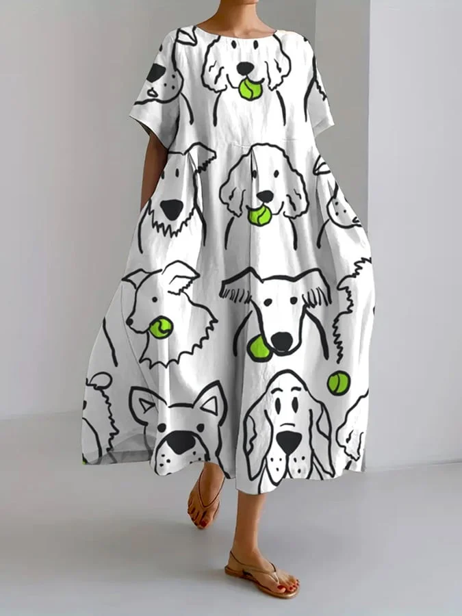 Women's Funny Dog Print Casual Loose Dress  (With Pockets On Both Sides)