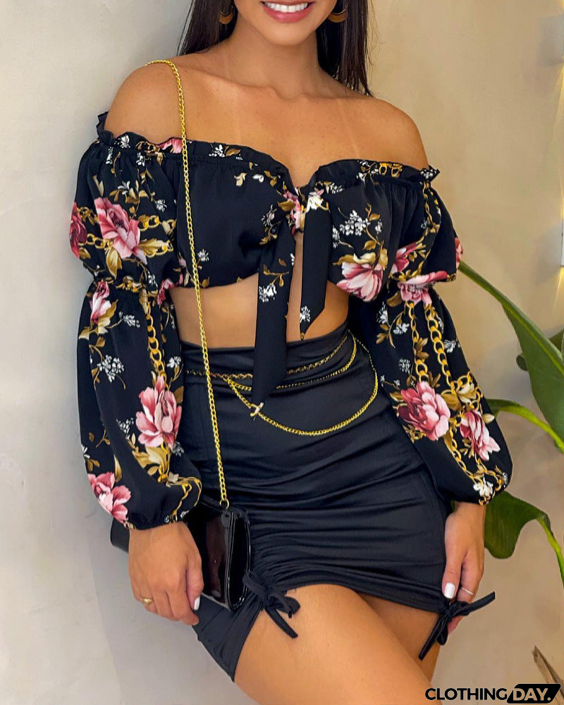 One-Shoulder Printed Long-Sleeve Two-Piece Suit