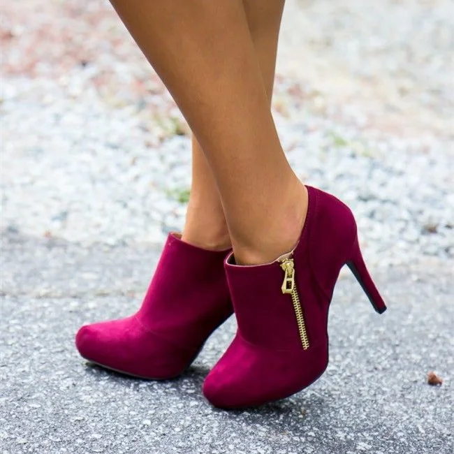 Dark Magenta Suede Heeled Ankle Boots Vdcoo