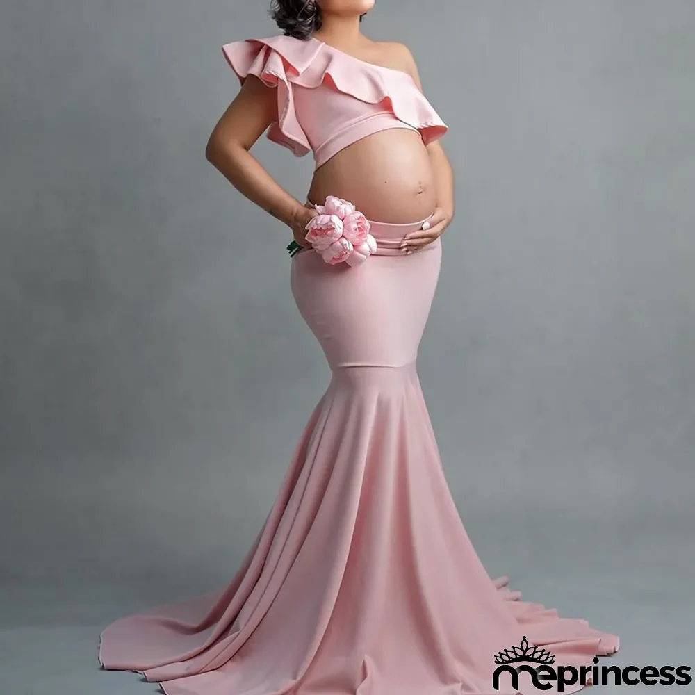 Spring Summer Fashion One Shoulder Ruffle Sleeve Tight Fitting Maternity Dress