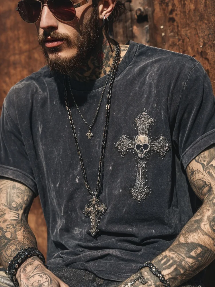 Men's Rock Style Skull Cross Studded Washed T Shirt