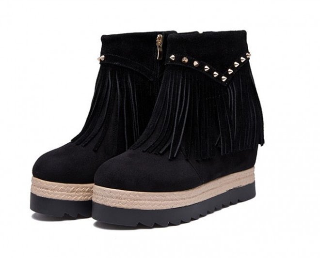 Black Fashion Boots Suede Fringe Platform Shoes for Women |FSJ Shoes