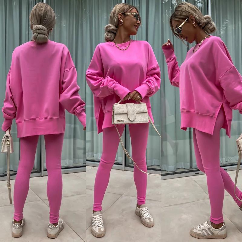 Oversize Two-Piece Set Women's Split Hem Sweatshirt & Skinny Pants, Casual Fashion Cozy Round Neck Long Sleeve Pullover Women's Clothing for Fall & Basic Winter Suits Womenswear Gamis