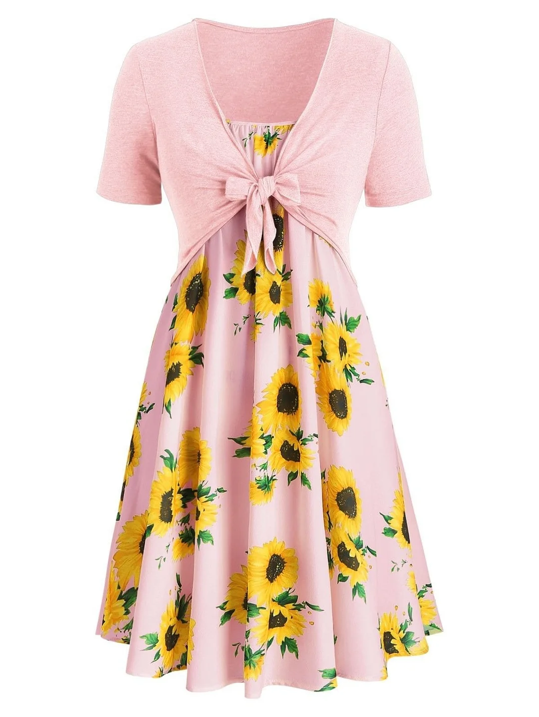 Sunflower Dresses with Wrap Shirt Short Sleeve V-Neck Bowknot Dress Sets