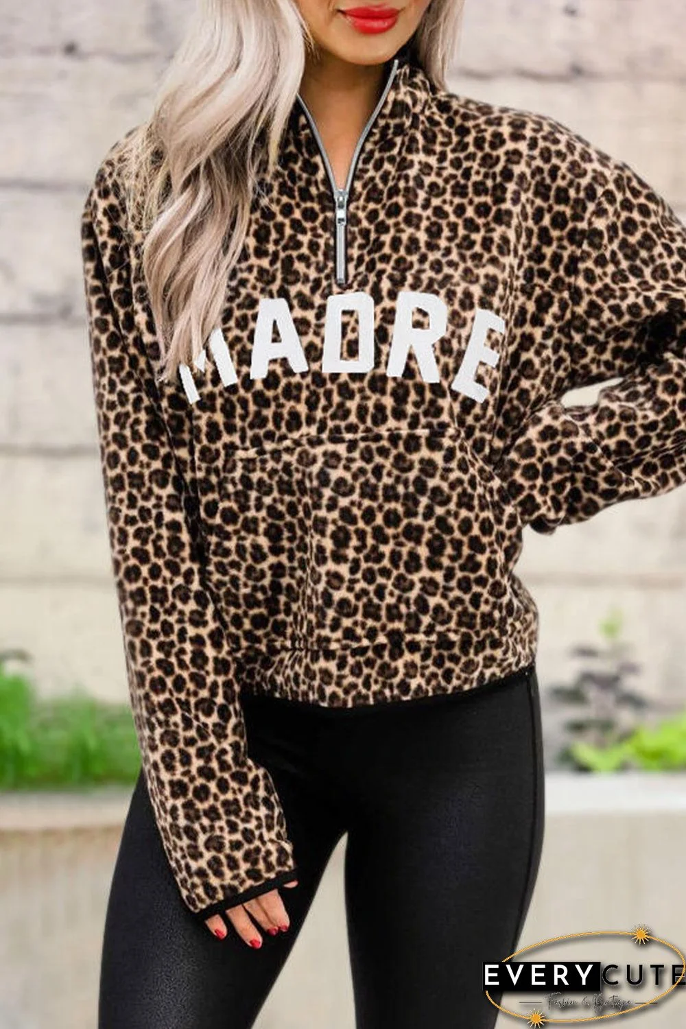 Leopard MADRE Zipper Collar Pullover Sweatshirt