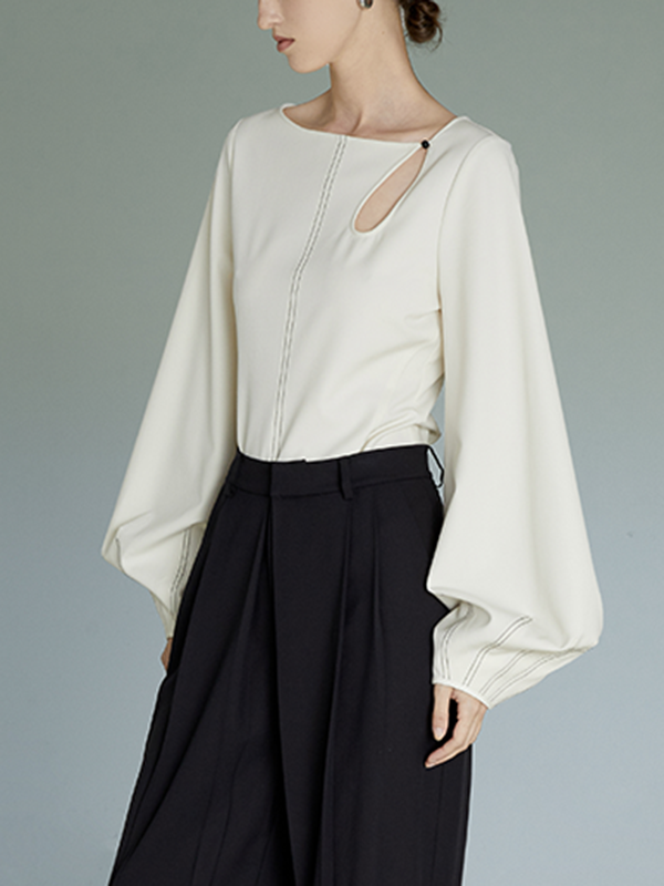 Lantern Sleeve Water-drop Shaped Hollow-out Patterns Shirt