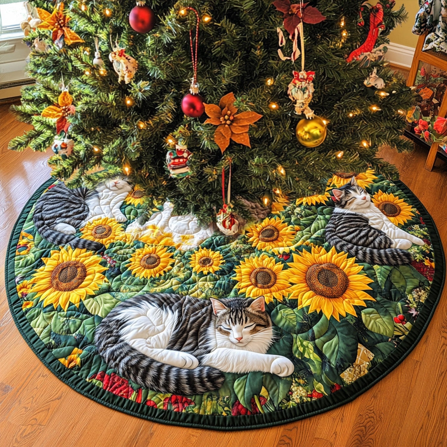 Catnap in the Sunflowers Quilted Christmas Tree Skirt NCU0PT2366