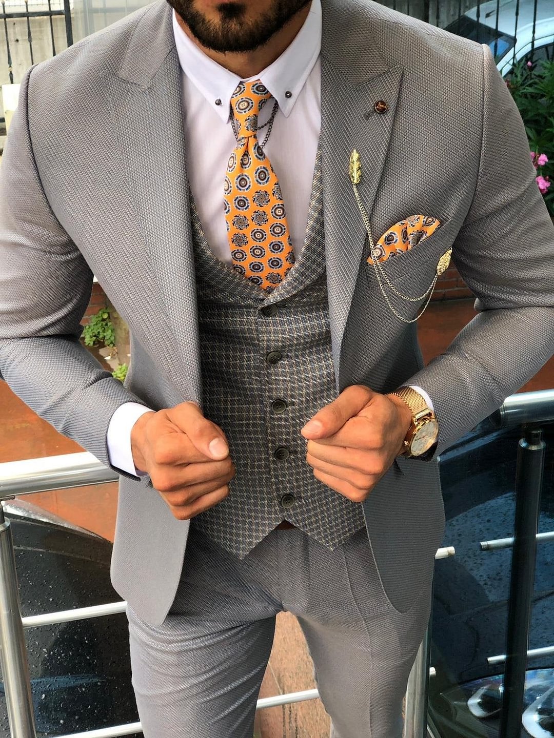 Slim-Fit Pattered Suit Vest Gray