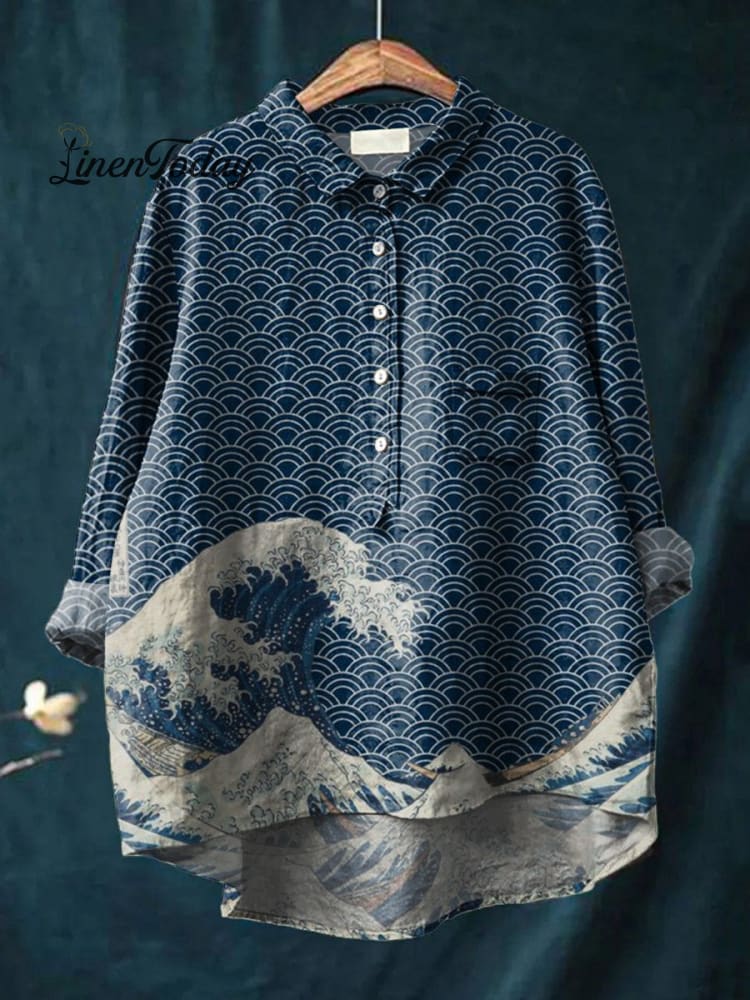 Women’s Great Wave Off Kanagawa Inspires Japanese Art Print Casual Cotton And Linen Shirt