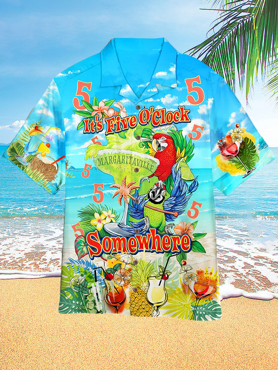 Men's Cocktail & Parrot Hawaiian Beach Holiday Print Short Sleeve Shirt PLUSCLOTHESMAN