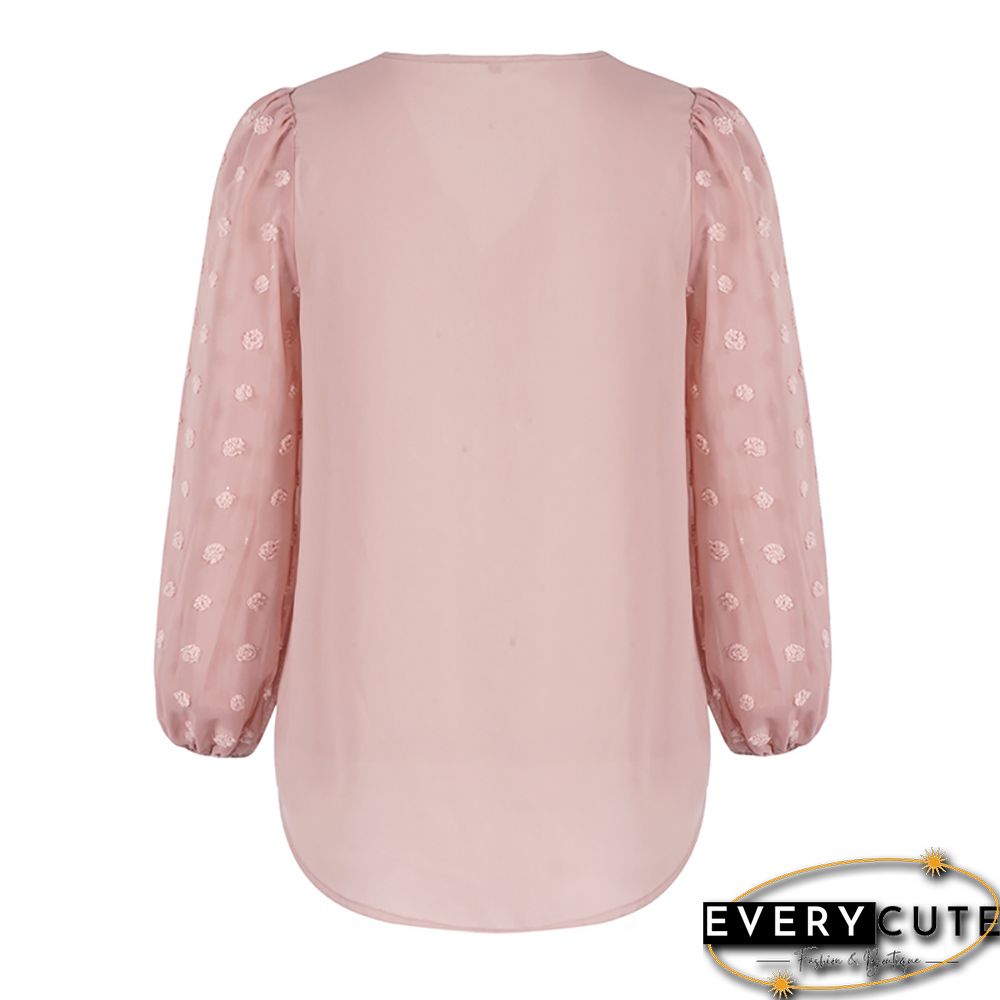 Pink V Neck Chiffon Long Sleeve Blouse