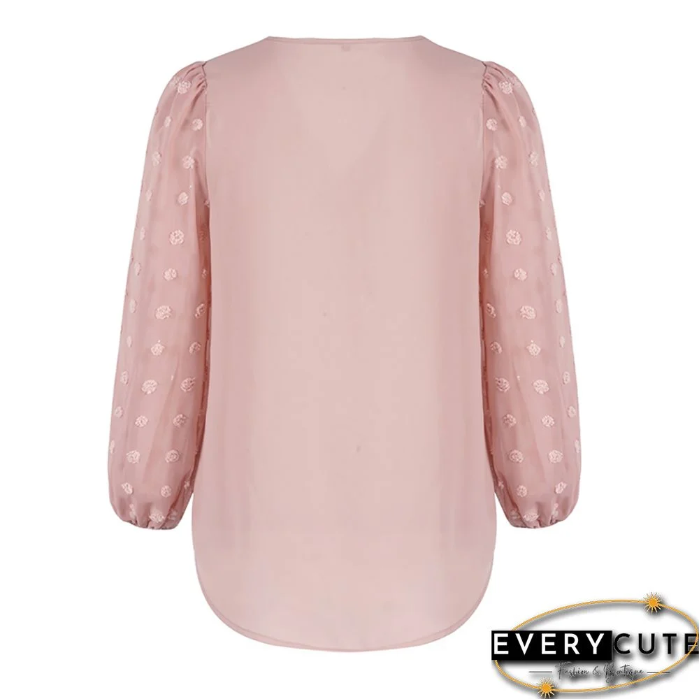 Pink V Neck Chiffon Long Sleeve Blouse