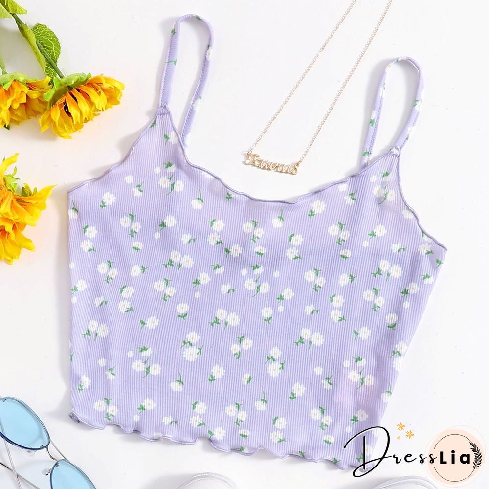 Ribbed Knit Flower Prints Cropped Cami Tops Lace Trim Tank
