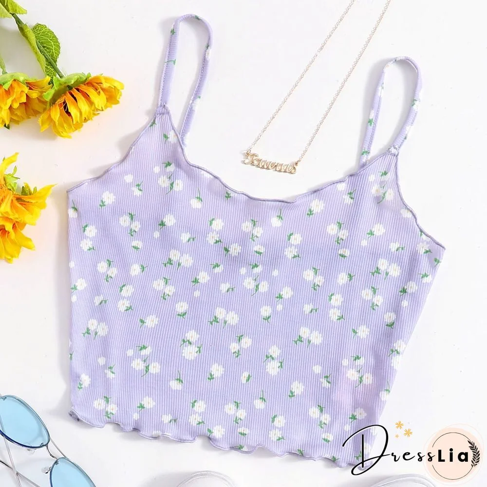 Ribbed Knit Flower Prints Cropped Cami Tops Lace Trim Tank