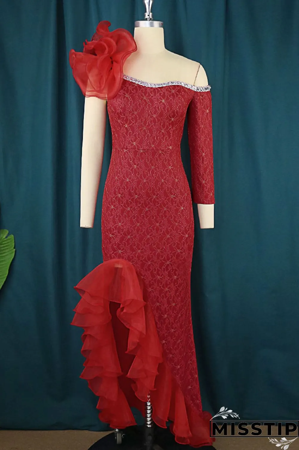 Red Elegant Patchwork Appliques Flounce Asymmetrical Evening Dress Dresses