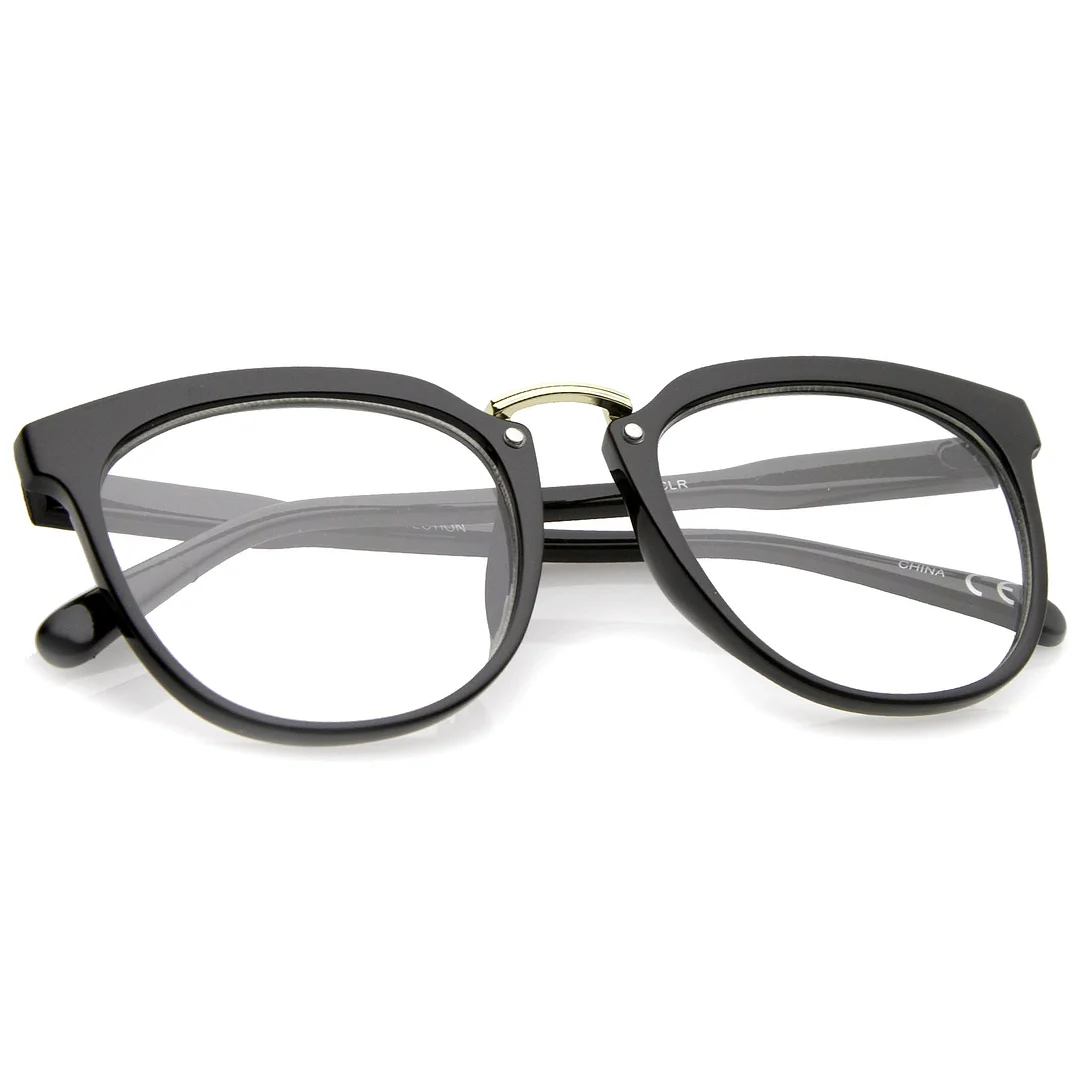 Classic Metal Bridge Square Flat Clear Lens Horn Rimmed Eyeglasses 55mm