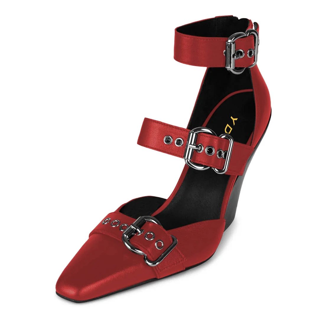Red Vegan Leather Grommets Strap Square Toe Buckle Pumps Heels